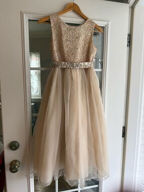 Girls' Champagne Lace & Sequin Party Dress